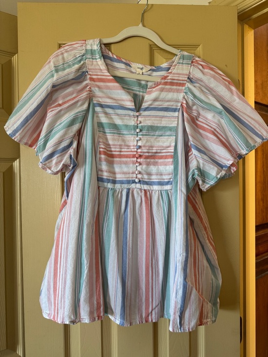 Terra & Sky Tops - Terra & Sky Pastel Striped Puff Sleeve Blouse